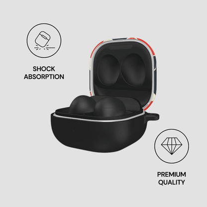 Black earbuds in a case with 'Shock Absorption' and 'Premium Quality' icons on a light gray background