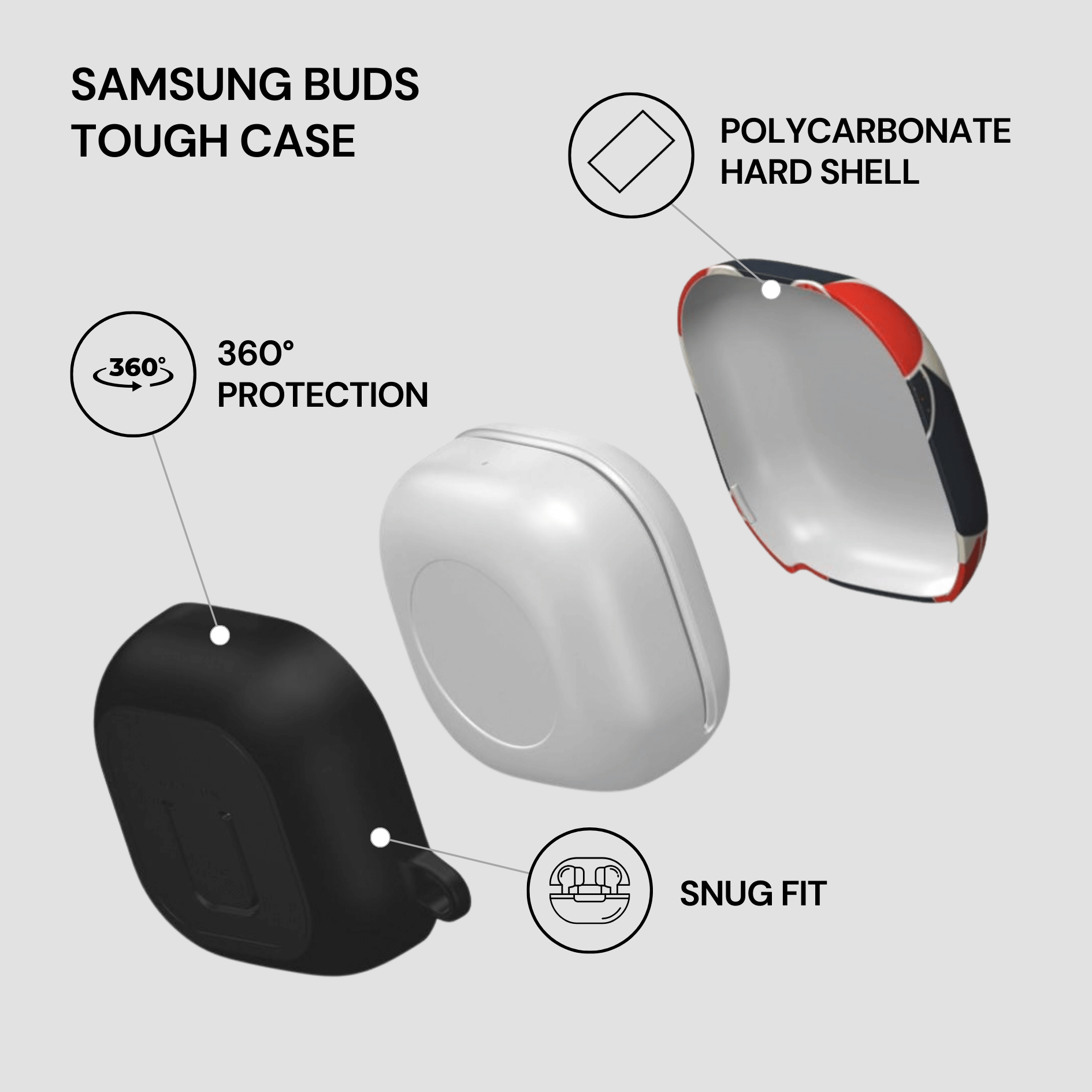Samsung Buds Tough Case with features highlighted on a light gray background