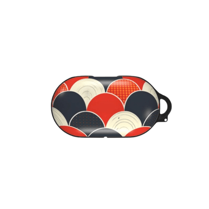 Patterned samsung buds case with red, black, and beige circles on a white background