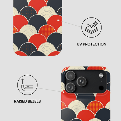 Phone case with geometric pattern, UV protection, and raised bezels features on a white background.