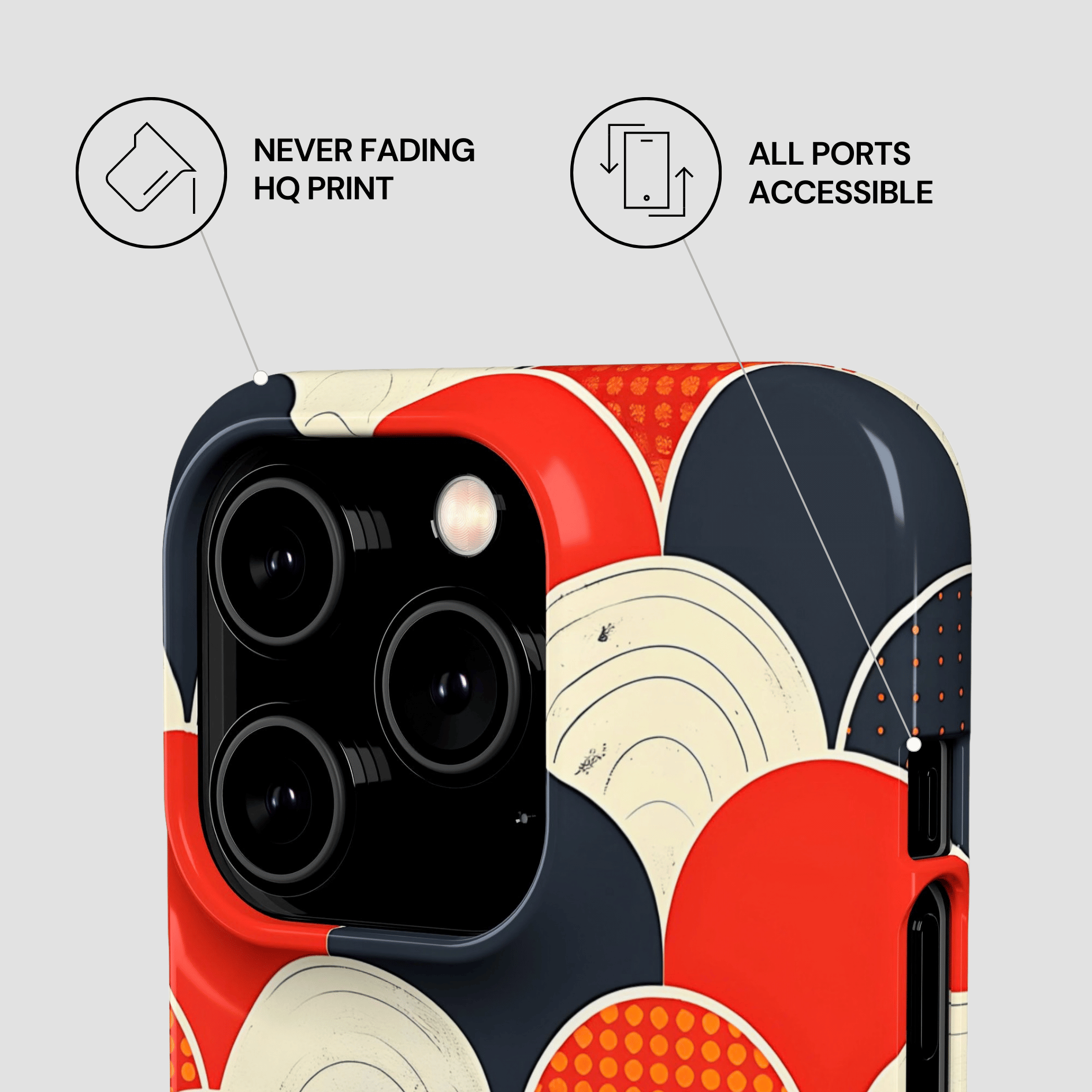 Phone case with geometric design on a light gray background