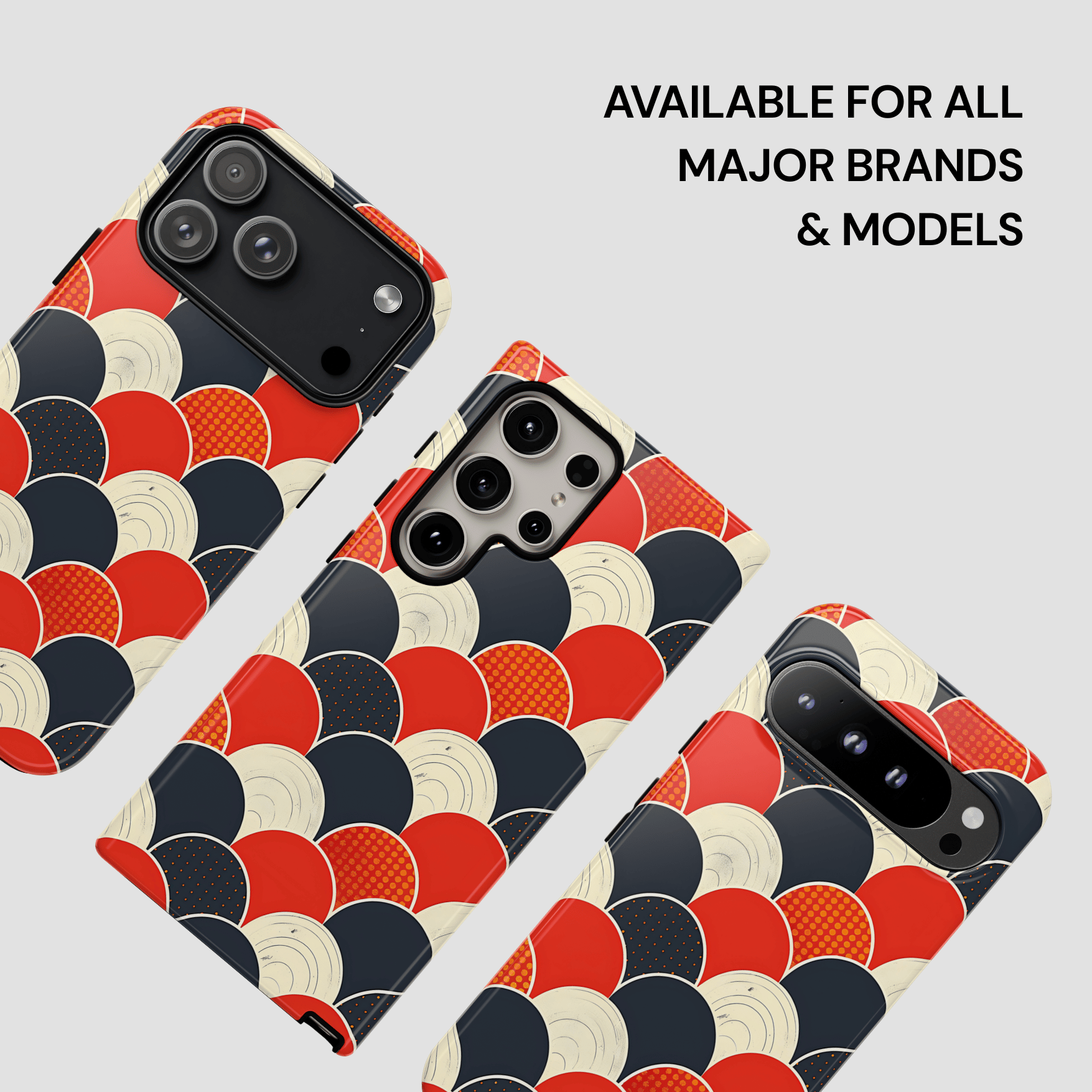 Phone case with red, black, and beige circular pattern on a white background