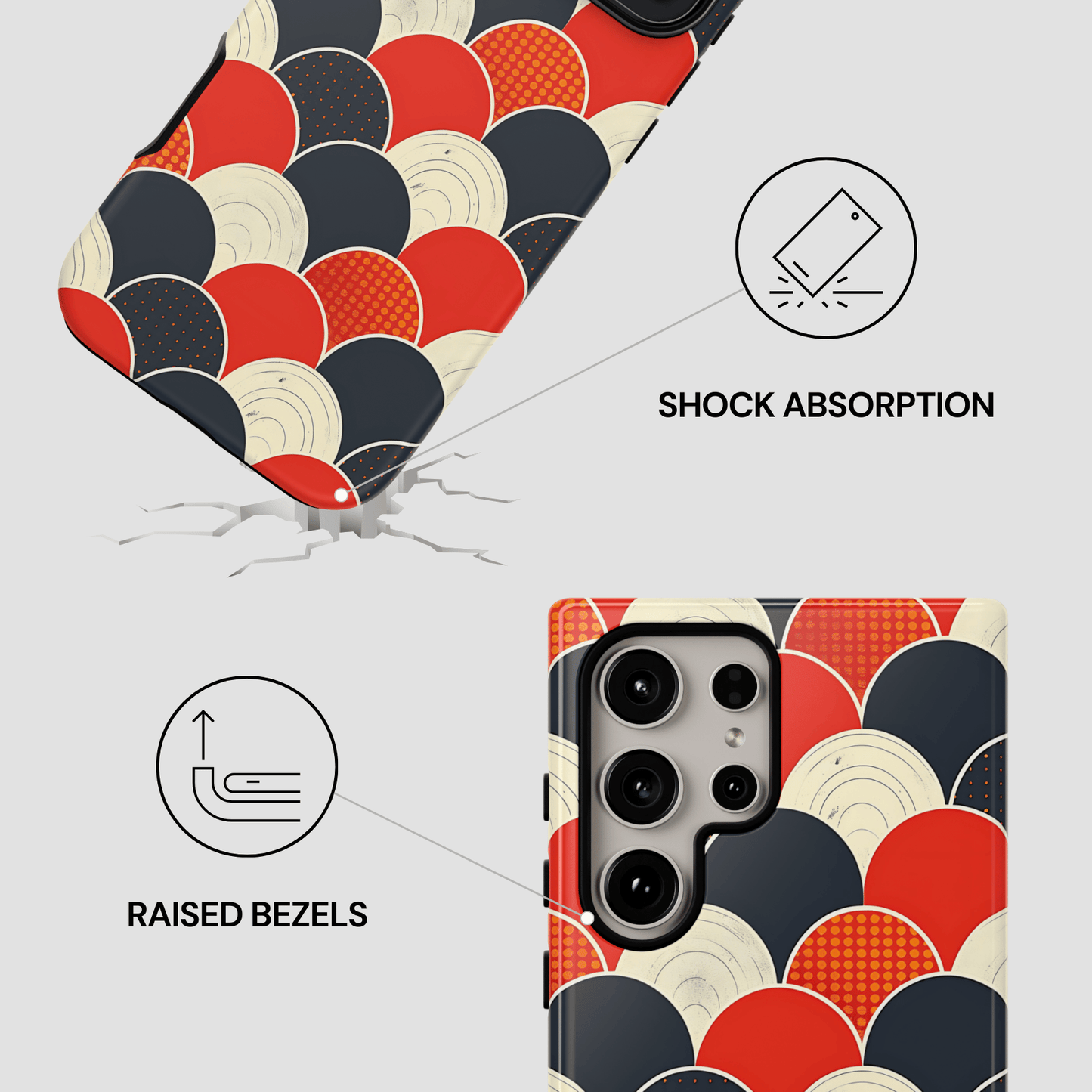 Phone case with geometric pattern, shock absorption, and raised bezels features on a white background