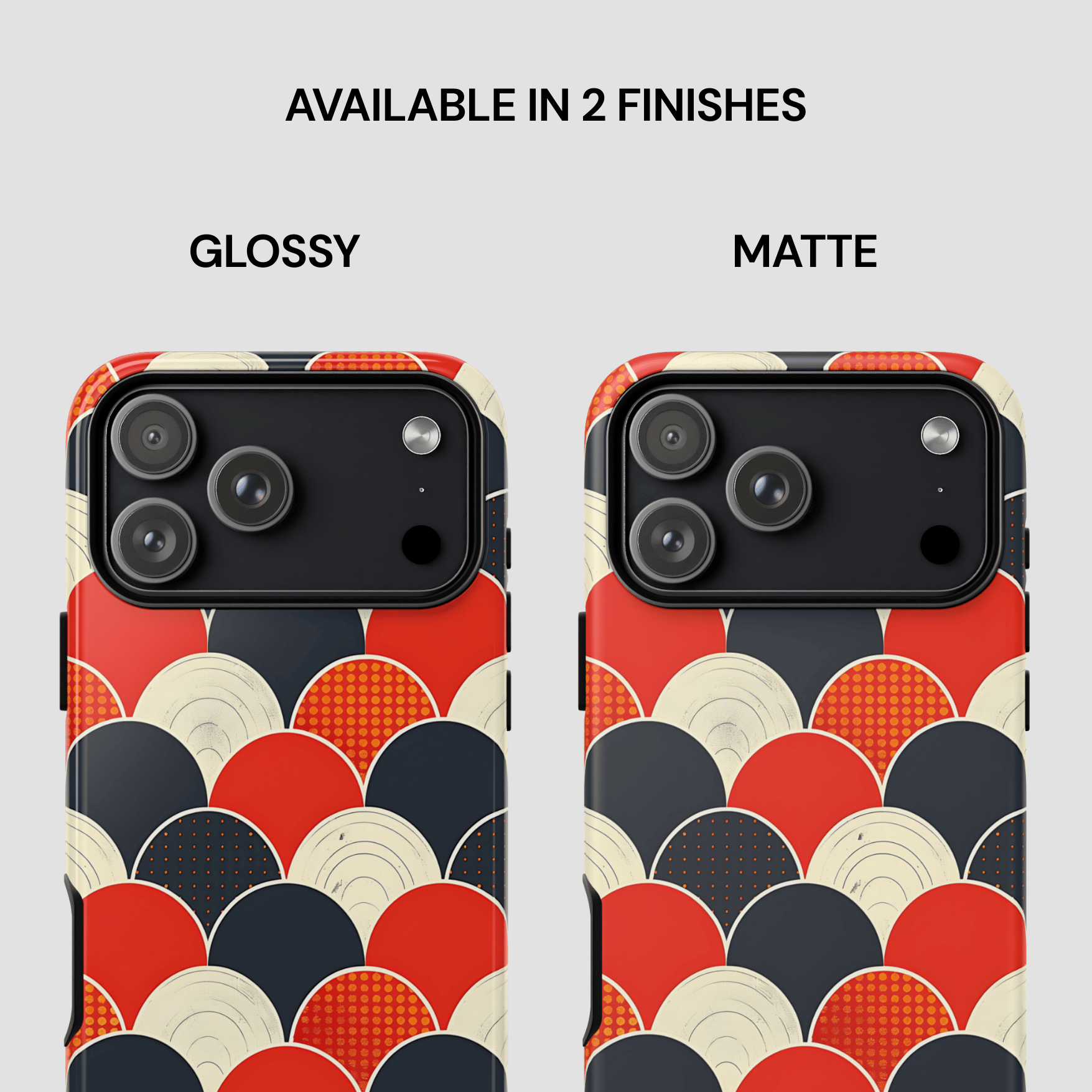 Two phone case designs with 'Glossy' and 'Matte' finishes on a white background.