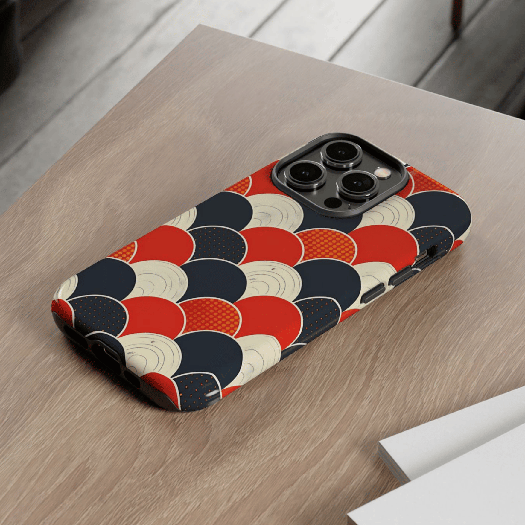 Phone case with geometric pattern on a wooden surface