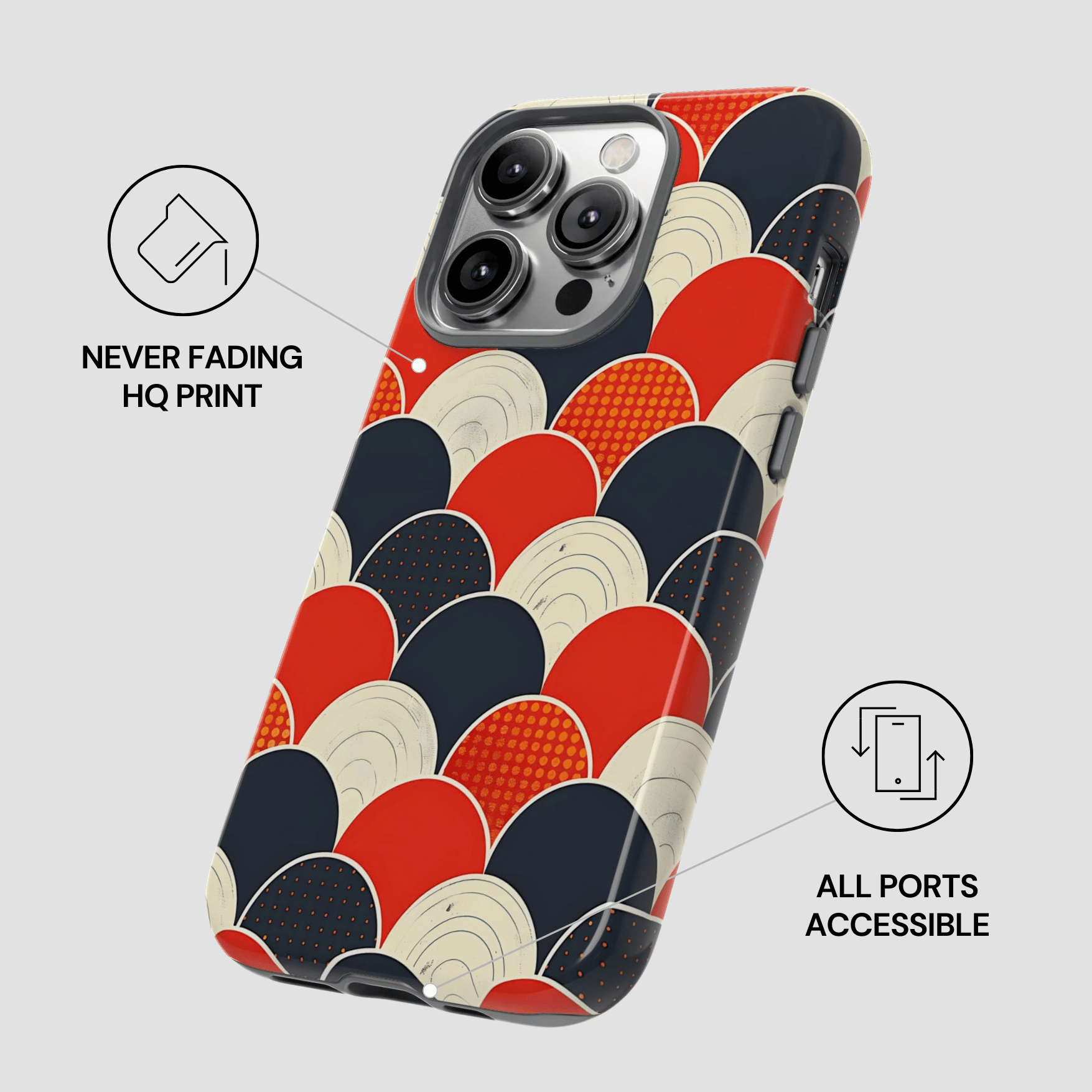 Phone case with geometric pattern on a light gray background