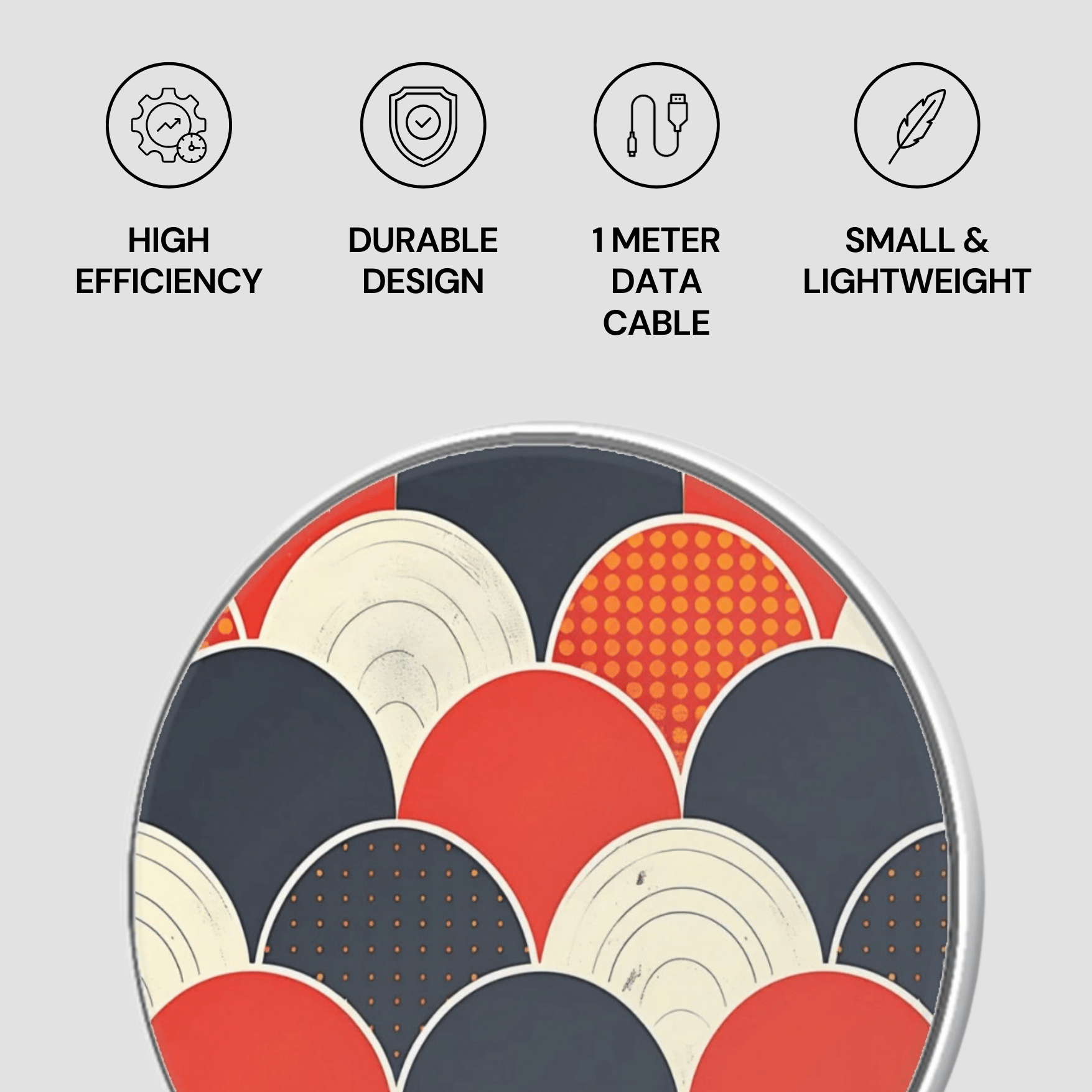 Product with circular design and text highlighting features on a light gray background