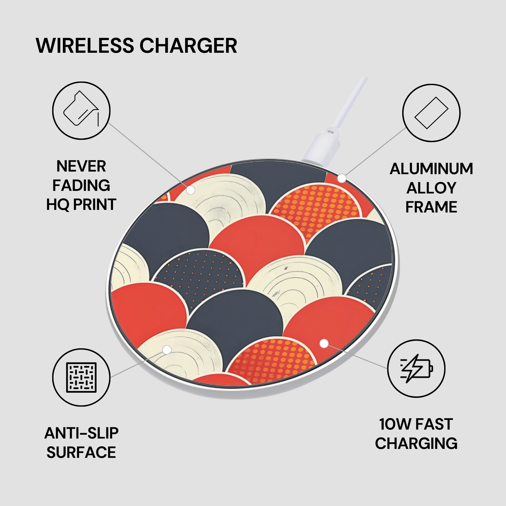 Wireless charger with colorful design and feature text on a light gray background