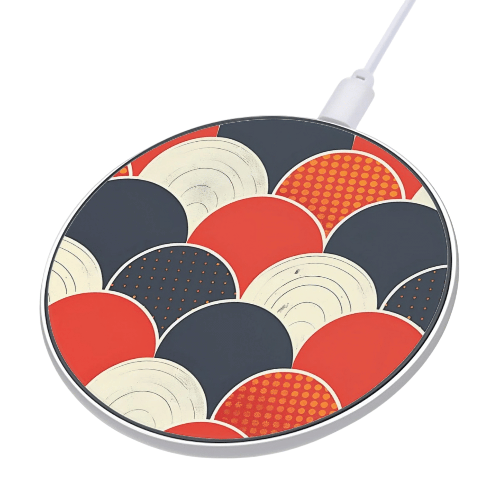 Wireless charging pad with colorful circular pattern on a white background