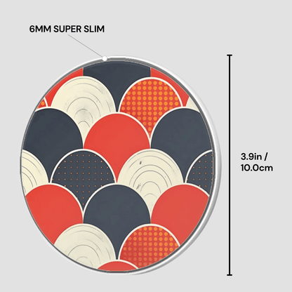 Circular object with geometric pattern and measurement details on a light gray background