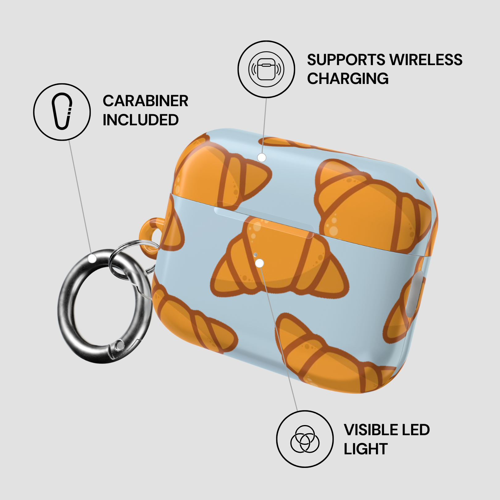 Product with croissant pattern, carabiner, wireless charging, and LED light features on a gray background | casenari