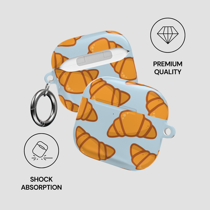 Product with croissant pattern on a light blue background, featuring icons for premium quality and shock absorption. | casenari
