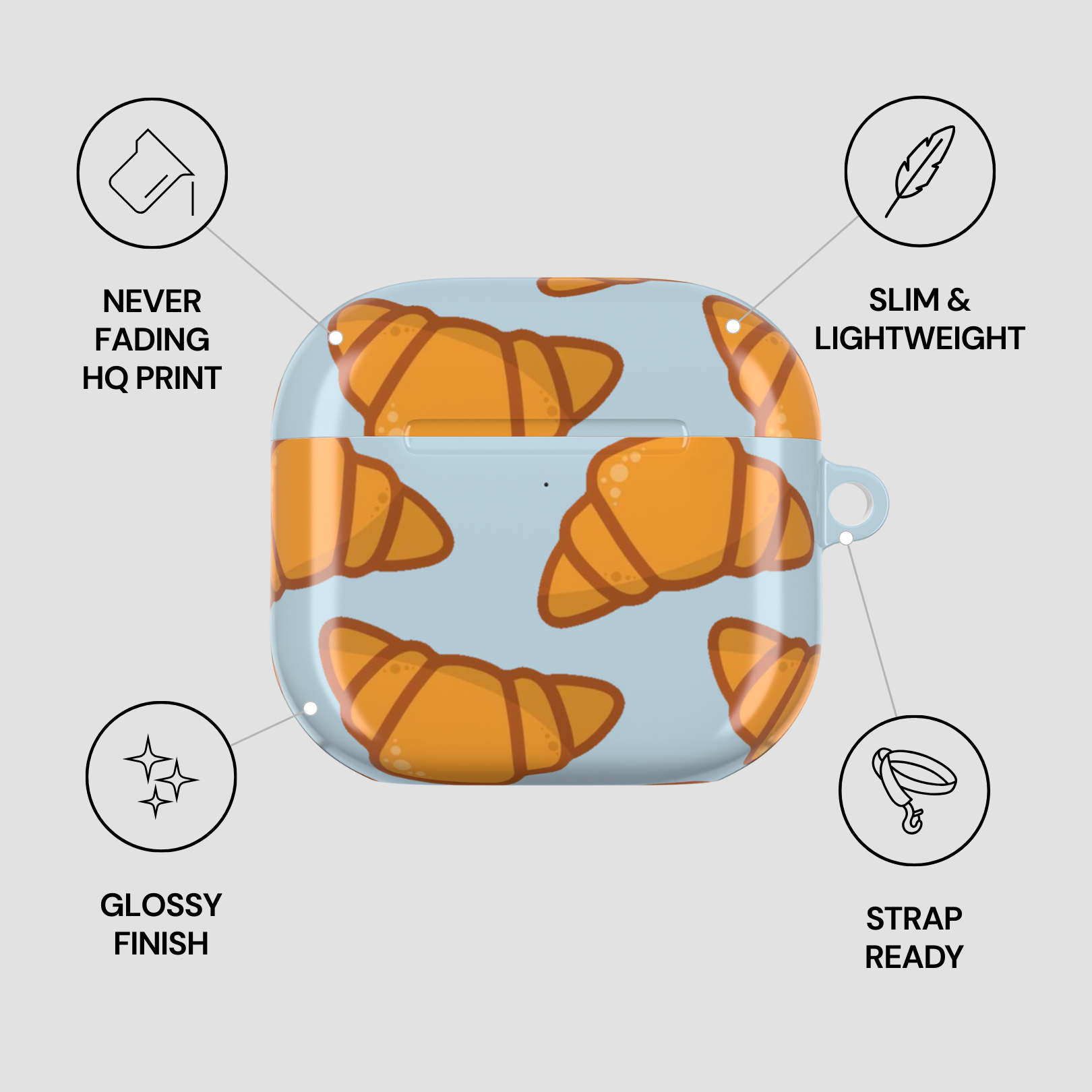 AirPod case with croissant design on a light blue background, featuring text on product features. | casenari