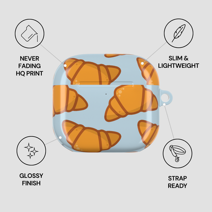 AirPod case with croissant design on a light blue background, featuring text on product features. | casenari