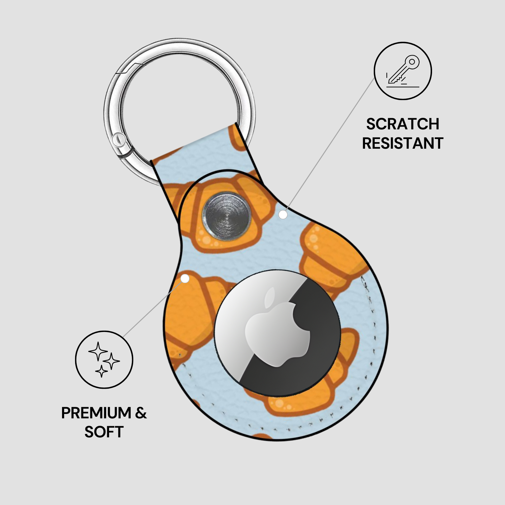 Keychain with Apple AirTag holder featuring croissant design on a light gray background | Casenari