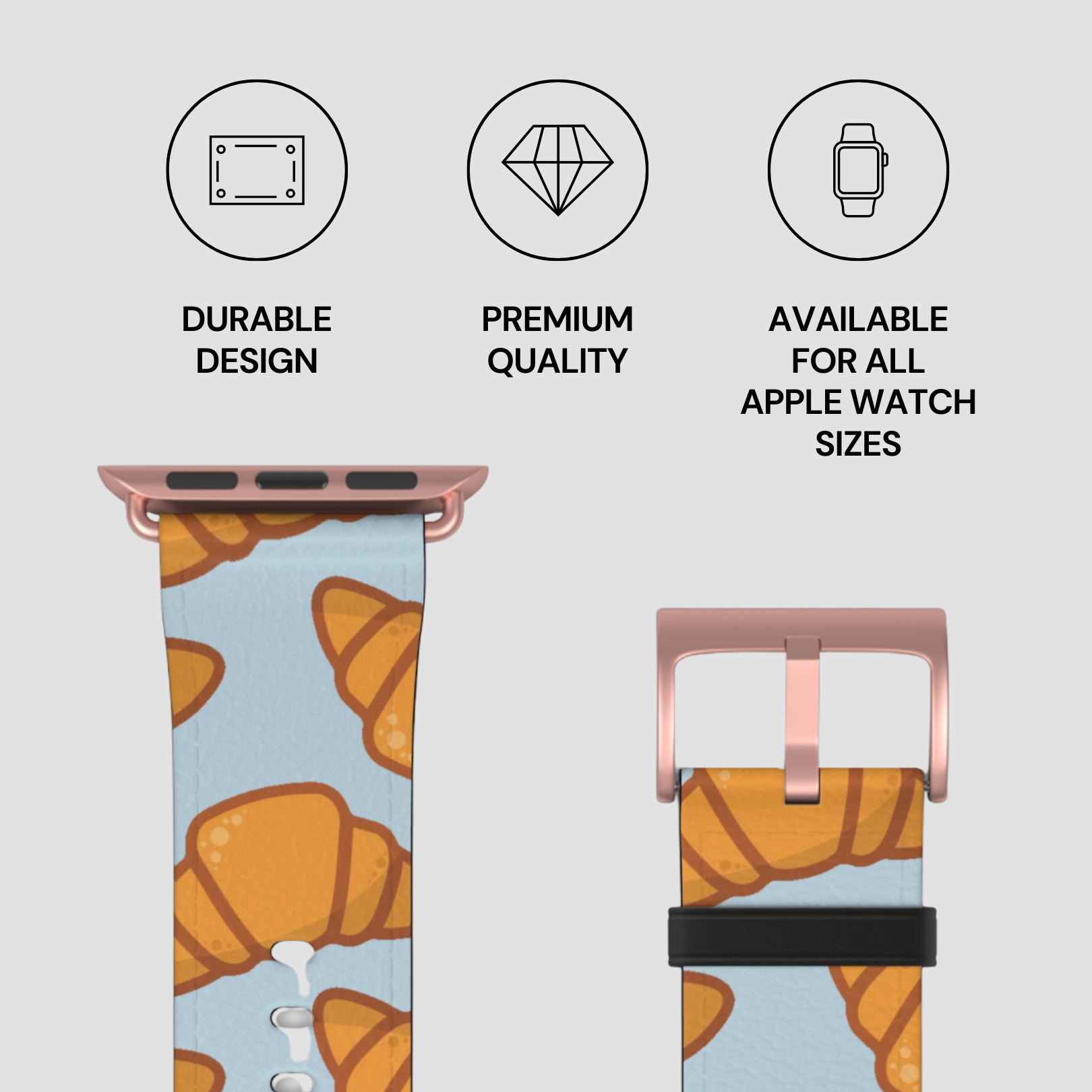 Watch strap with croissant pattern and product features on a light gray background | Casenari