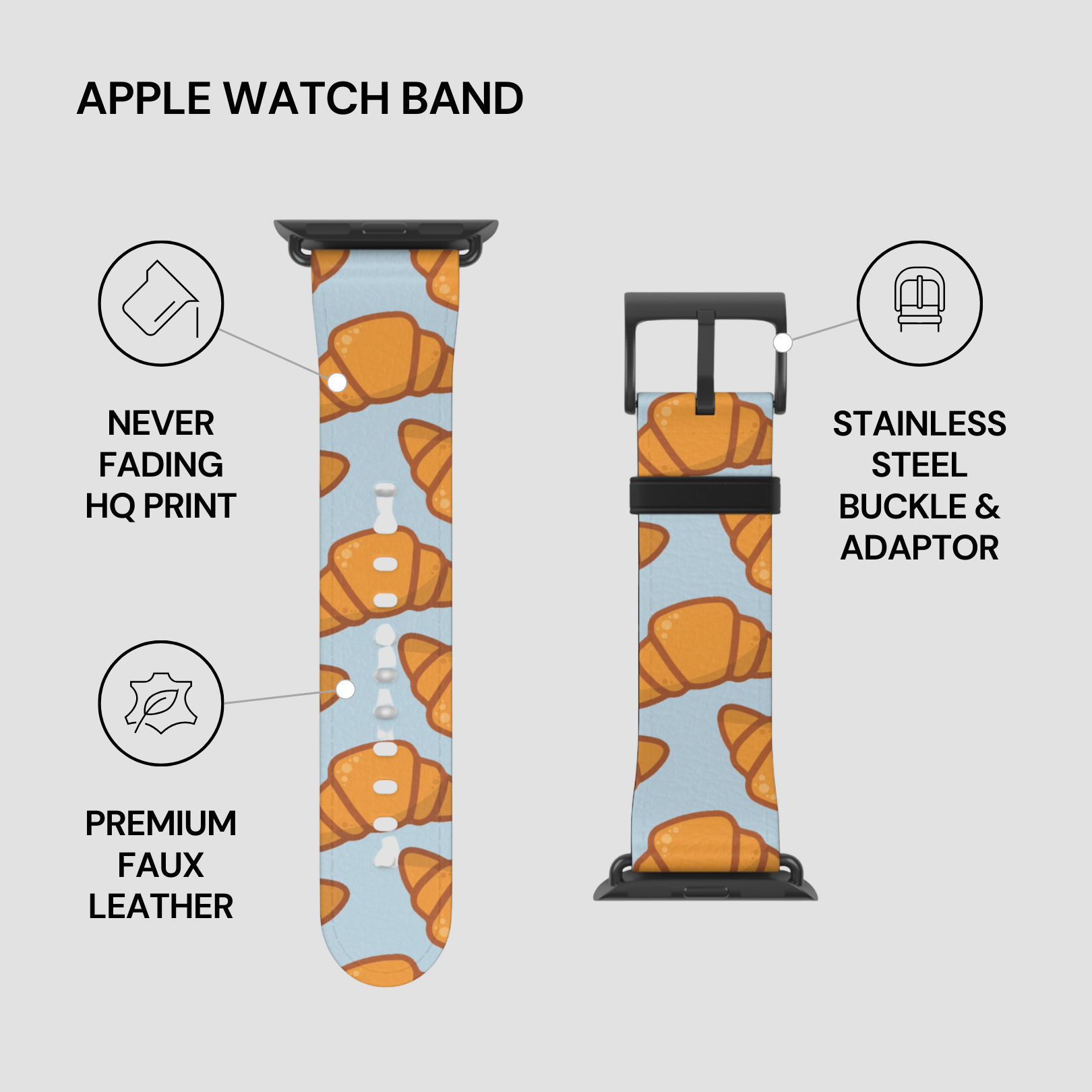 Apple watch band with croissant pattern on a light gray background | Casenari