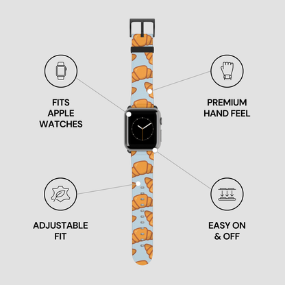 Watch band with pumpkin pattern on a gray background with features listed. | Casenari