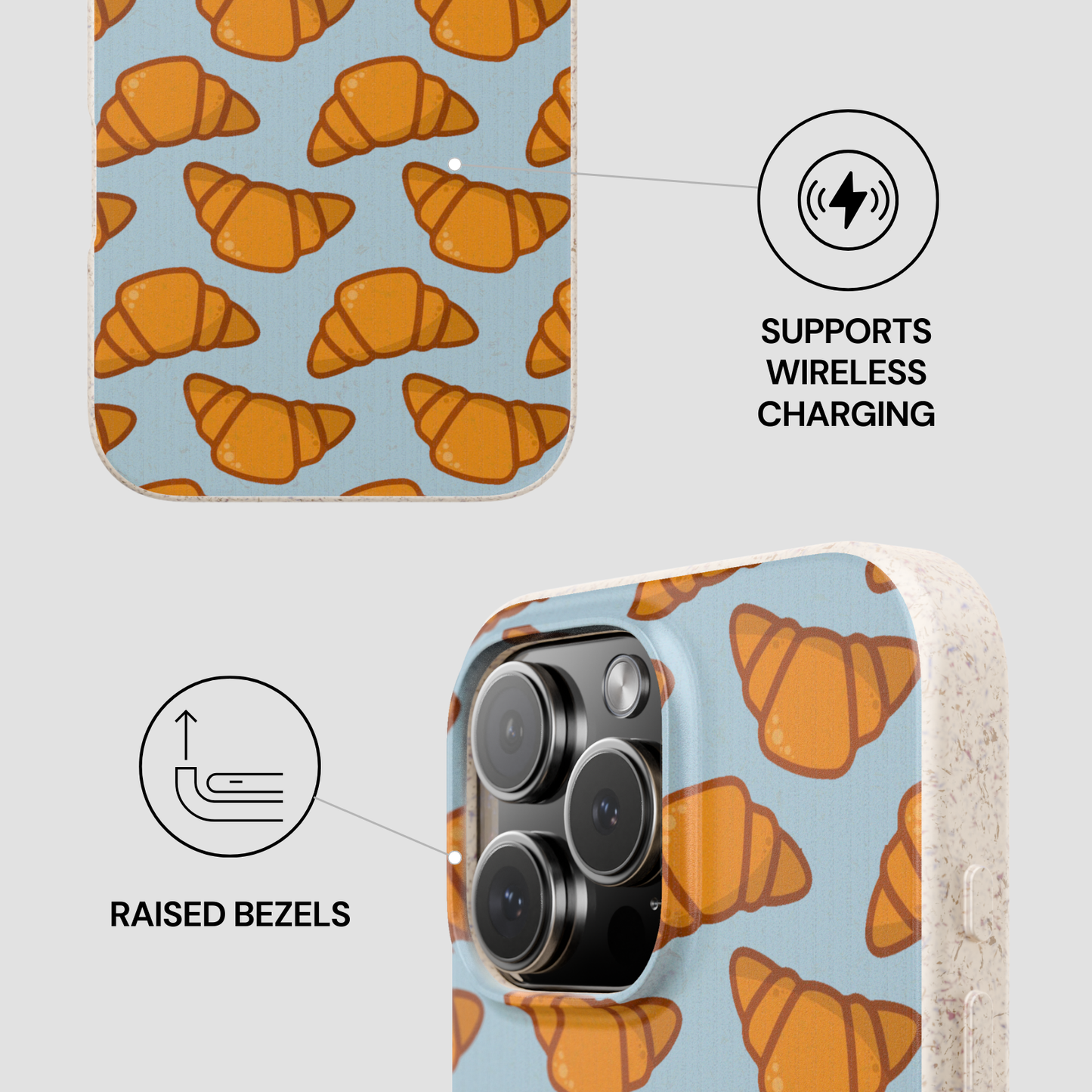 Phone case with croissant pattern and wireless charging symbol on a light gray background | Casenari