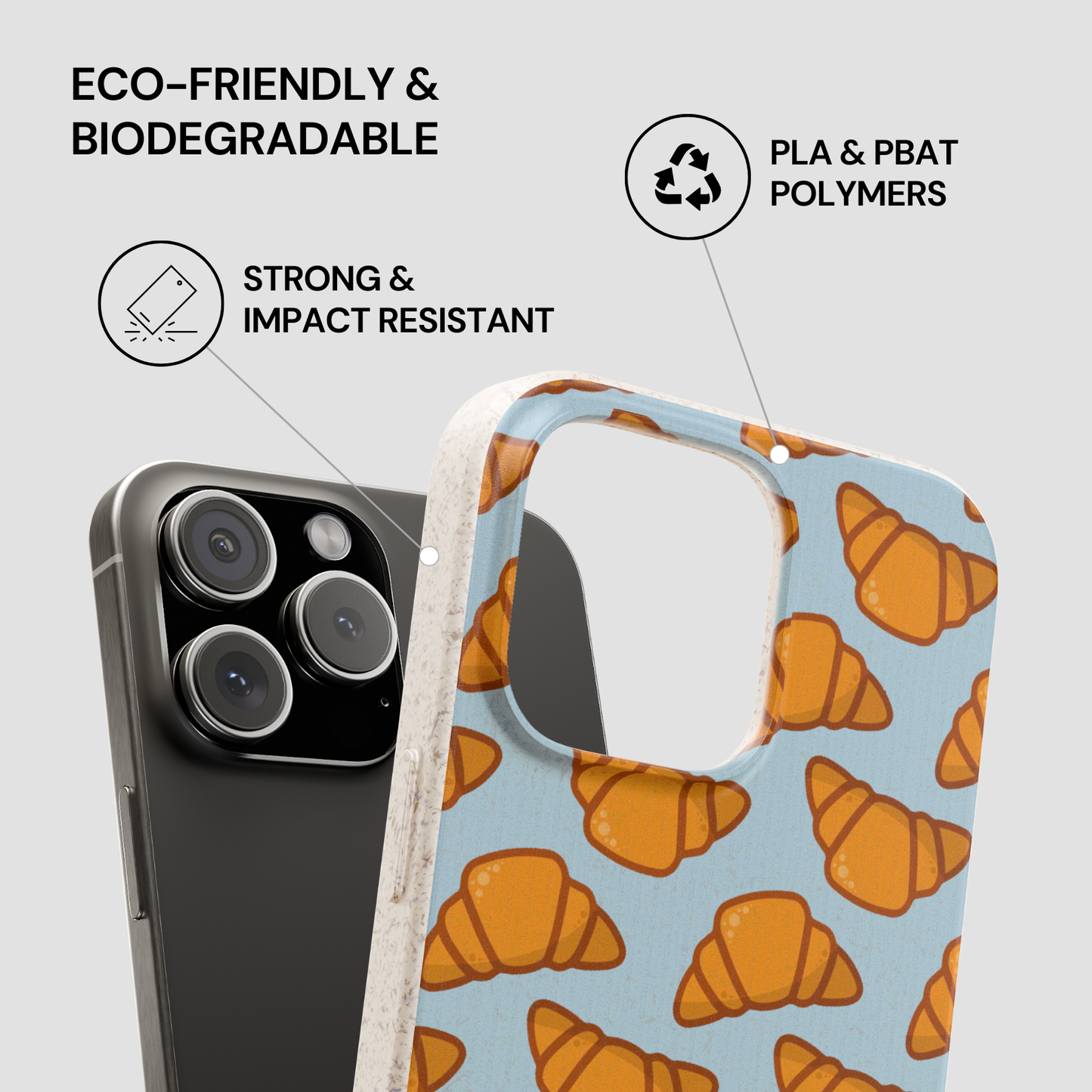Phone case with croissant pattern and eco-friendly features on a gray background | Casenari