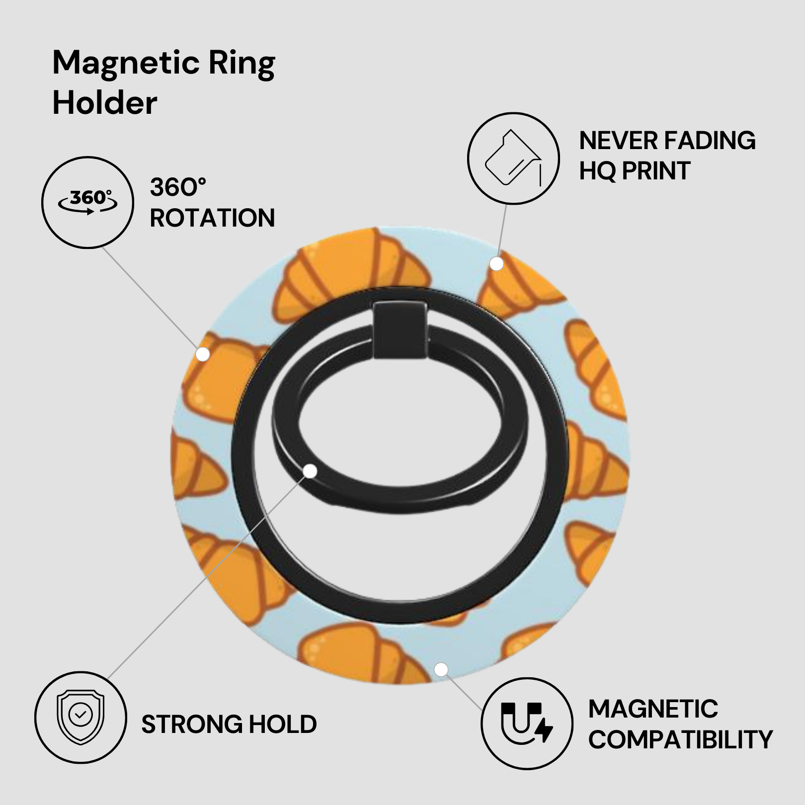 Magnetic ring holder with croissant pattern and feature text on a light gray background | Casenari
