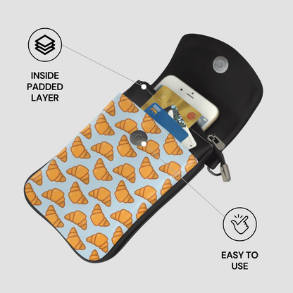 Phone case with croissant pattern and text indicating features on a light gray background | Casenari