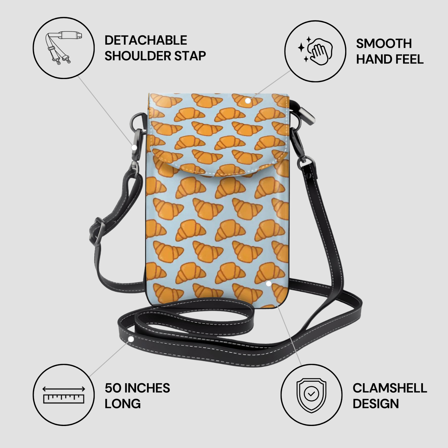Phone crossbody bag with croissant pattern and product features on a light gray background | Casenari