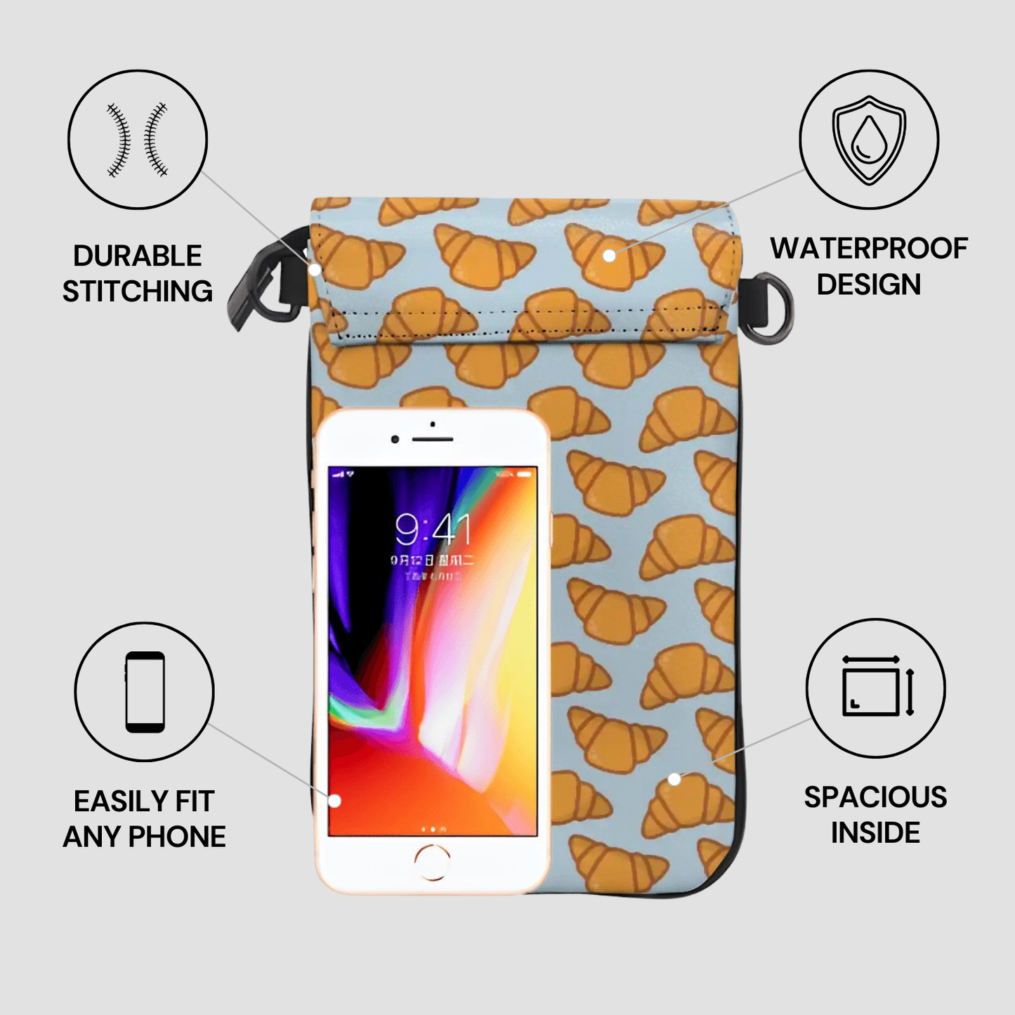 Phone case with croissant pattern and smartphone inside, featuring durability and waterproof design features. | Casenari