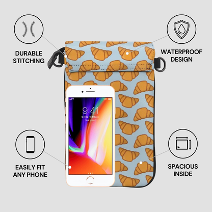 Phone case with croissant pattern and smartphone inside, featuring durability and waterproof design features. | Casenari