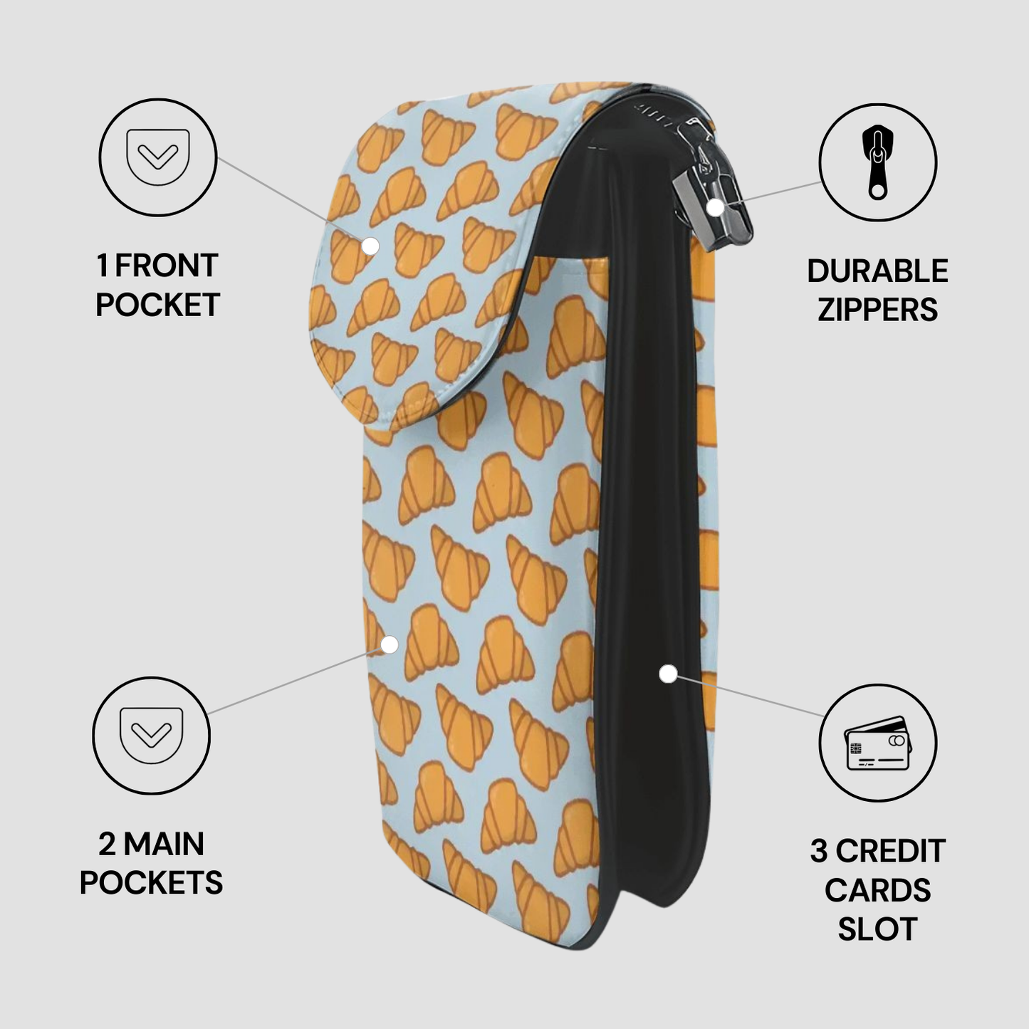 Patterned pouch with zippers and pockets on a light gray background | Casenari