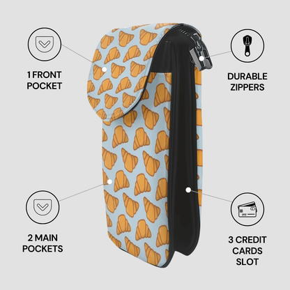 Patterned pouch with zippers and pockets on a light gray background | Casenari
