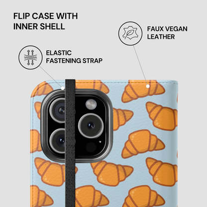 Phone case with croissant pattern and features listed on a light gray background | Casenari