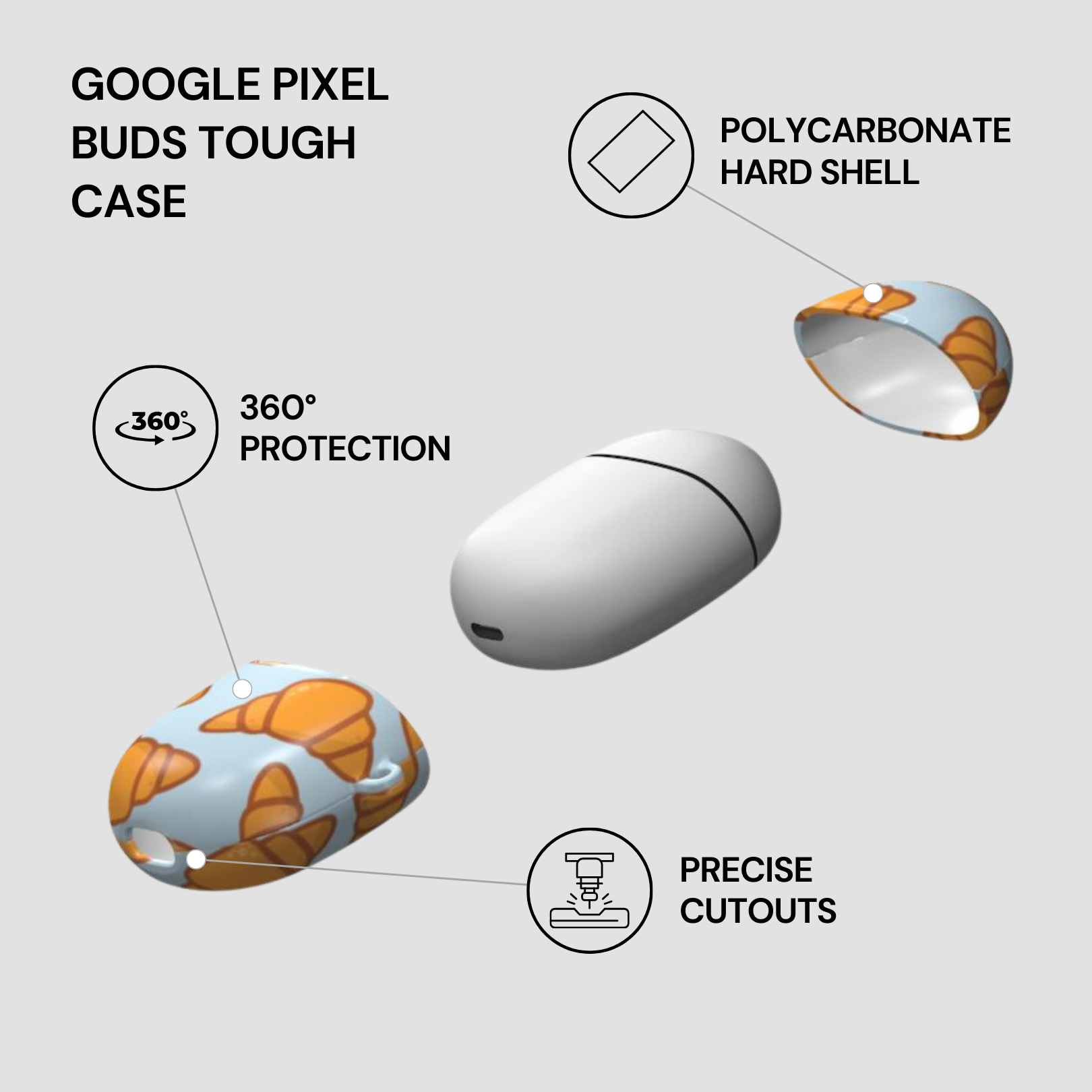 Google Pixel Buds Tough Case with features highlighted on a light gray background | Casenari