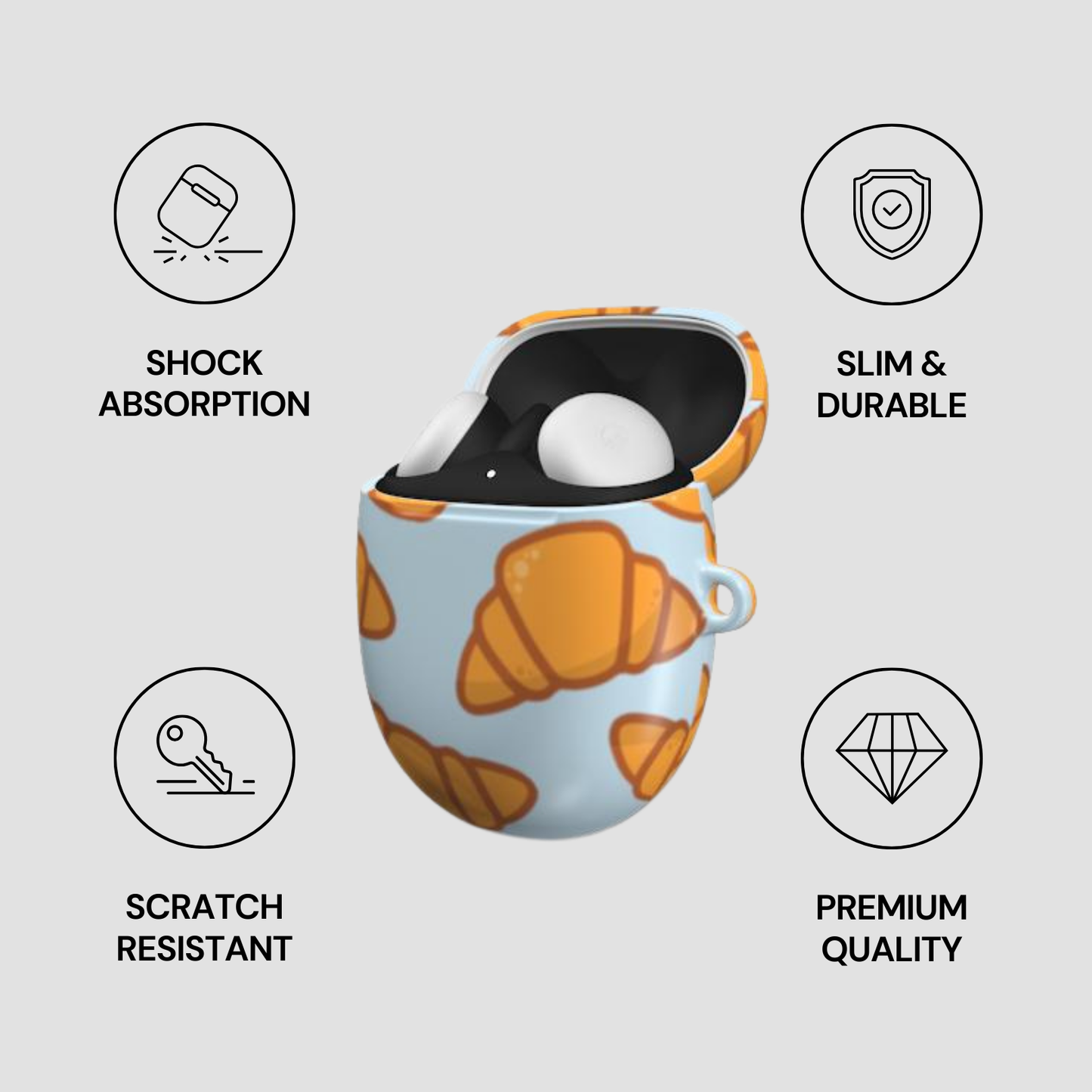 Product packaging with croissant design and feature icons on a light gray background | Casenari