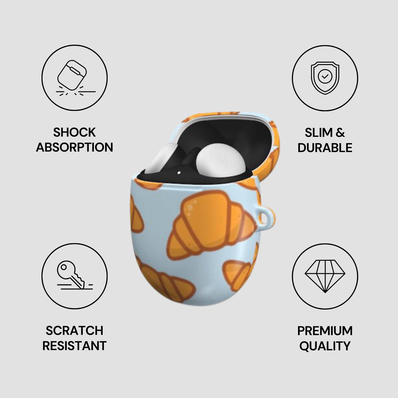 Product packaging with croissant design and feature icons on a light gray background | Casenari
