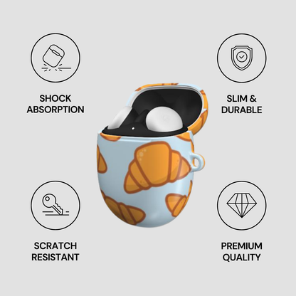Product packaging with croissant design and feature icons on a light gray background | Casenari