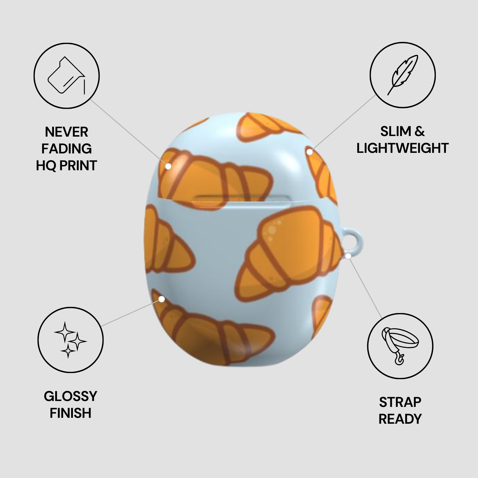 Product with croissant pattern and features listed on a light gray background | Casenari
