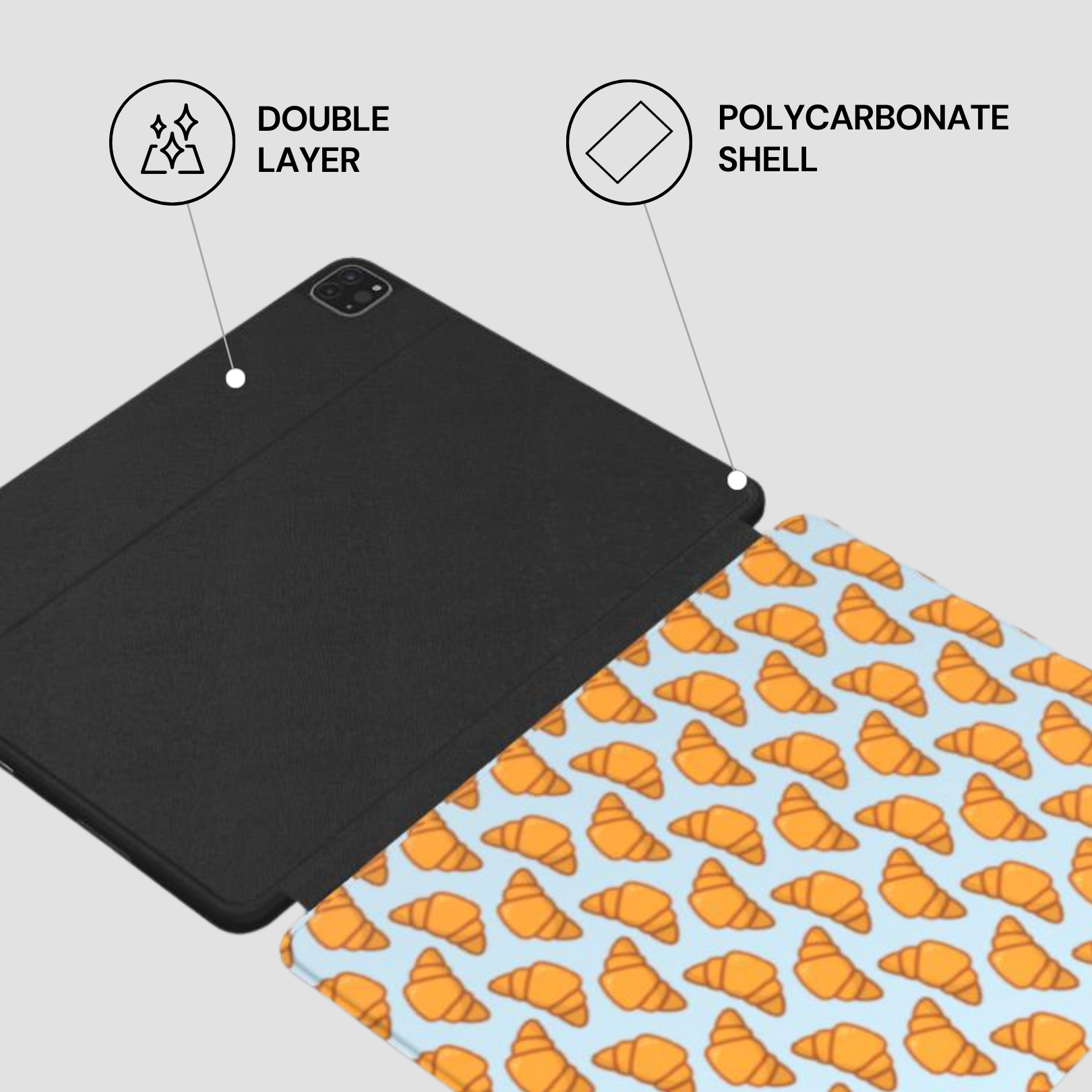 Black tablet case with polycarbonate shell and double layer feature on a light gray background. | Casenari