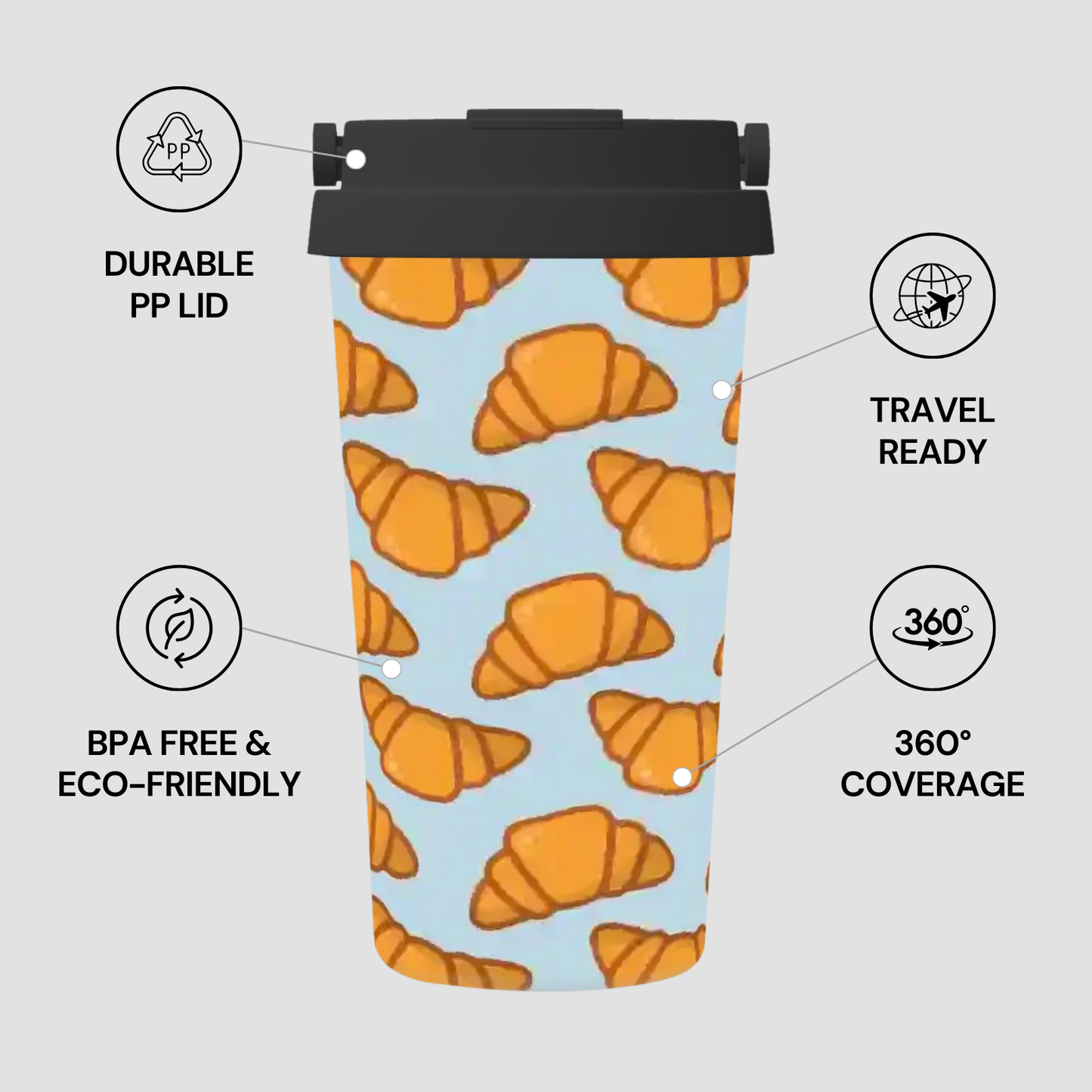Travel mug with croissant pattern and feature text on a light gray background