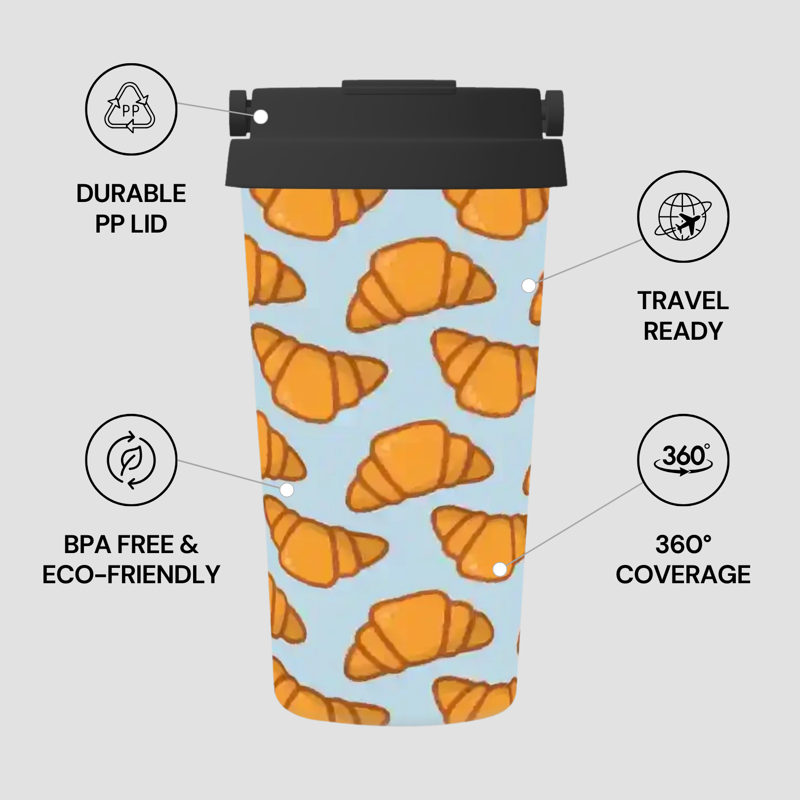 Travel mug with croissant pattern and feature text on a light gray background