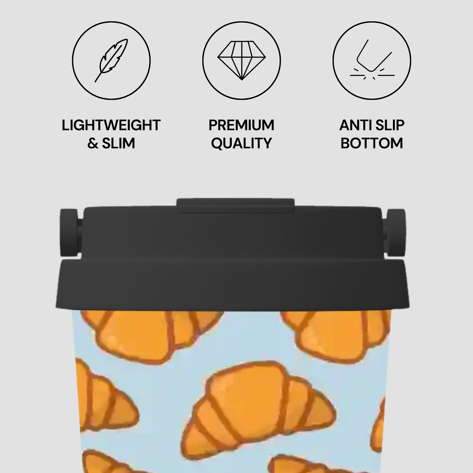 Tumbler with croissant pattern and product features on a light gray background | Casenari