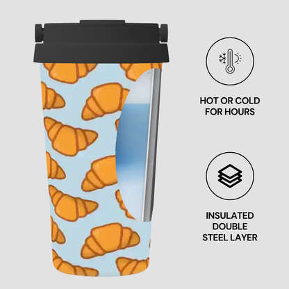 Insulated travel mug with croissant pattern on a light gray background | Casenari