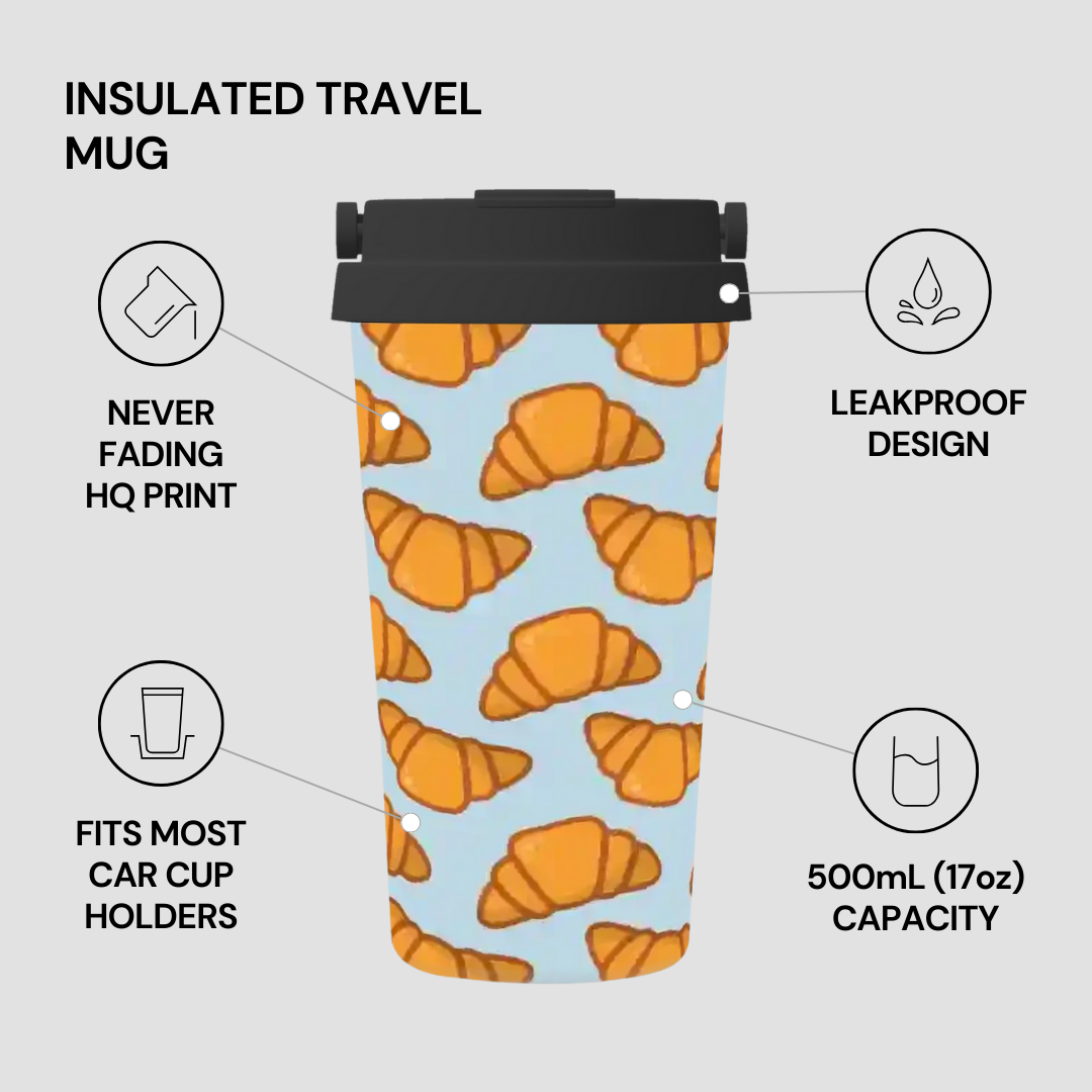 Insulated travel mug with croissant pattern and feature text on a light gray background | Casenari
