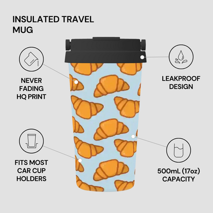 Insulated travel mug with croissant pattern and feature text on a light gray background | Casenari