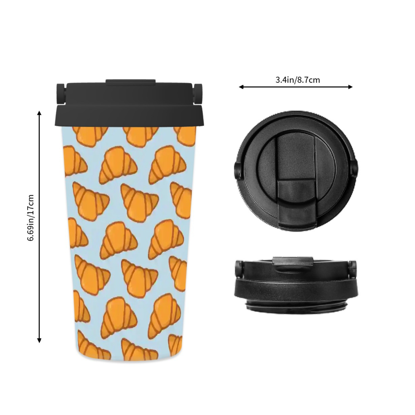 Travel mug with croissant pattern and black lid, showing dimensions on a white background | Casenari