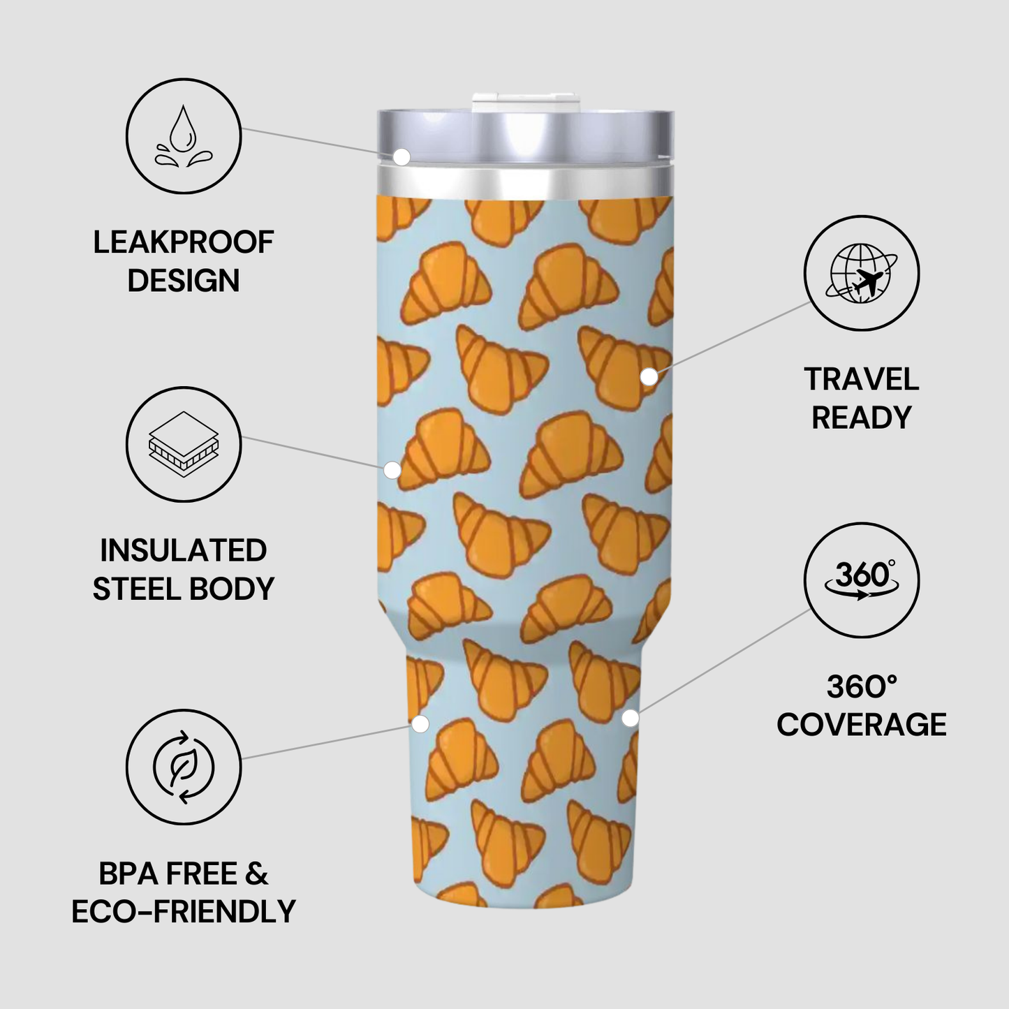 Tumbler with croissant pattern and feature text on a light gray background | Casenari