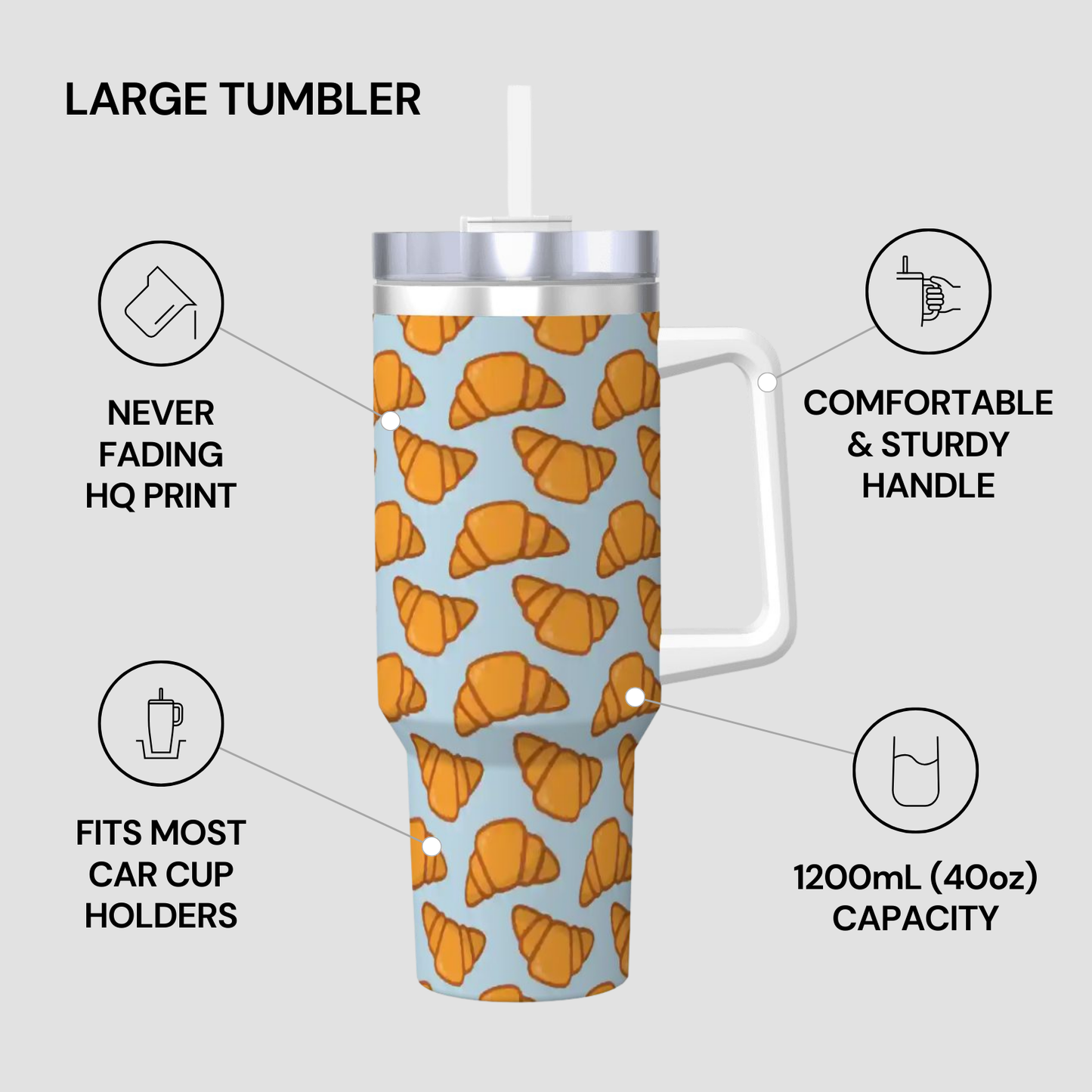 Large tumbler with croissant pattern on a light blue background, featuring text on its features. | Casenari