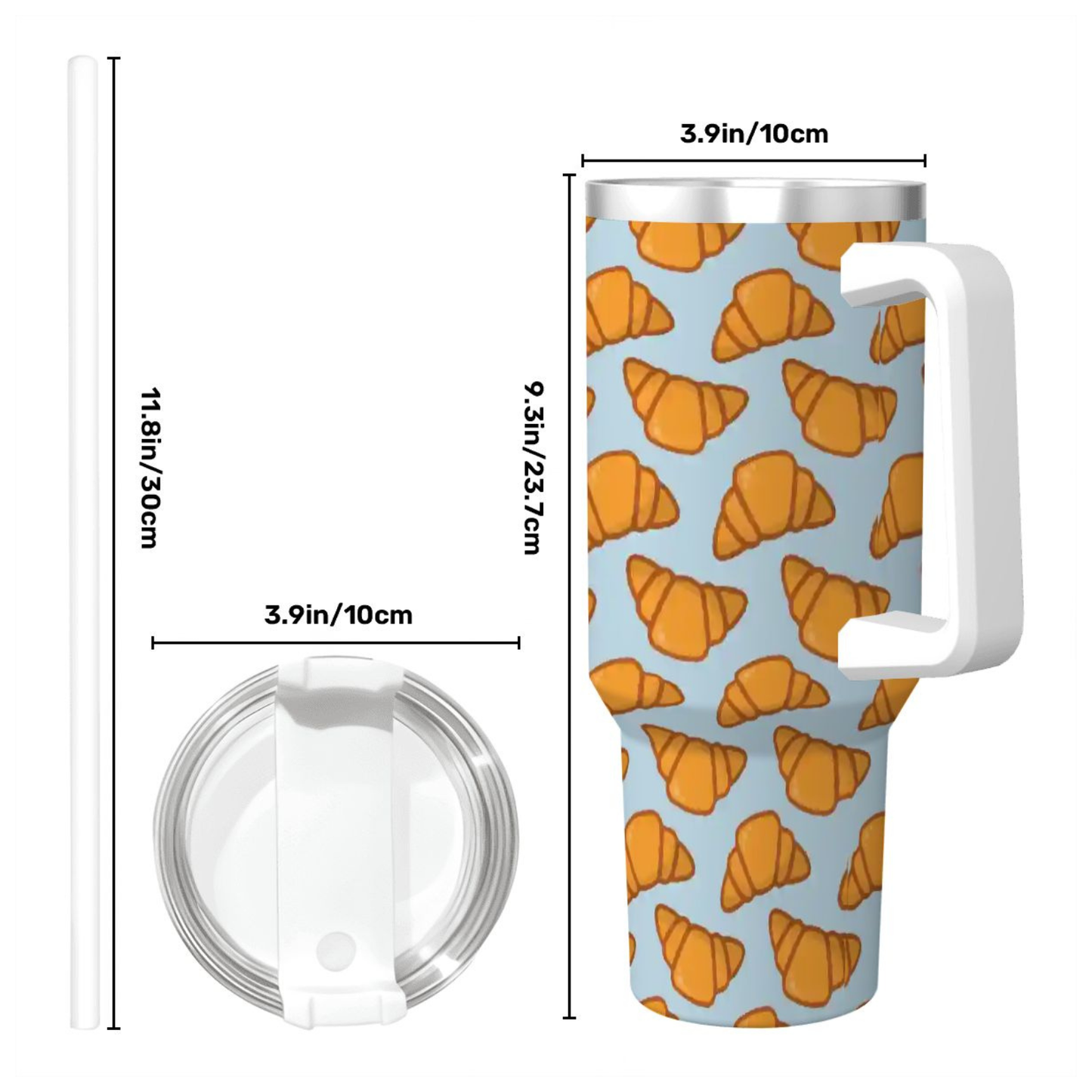 Tumbler with croissant pattern and measurements on a white background