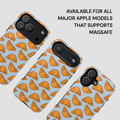 Phone case with croissant pattern on a light blue background, available for Apple models supporting MagSafe. | Casenari