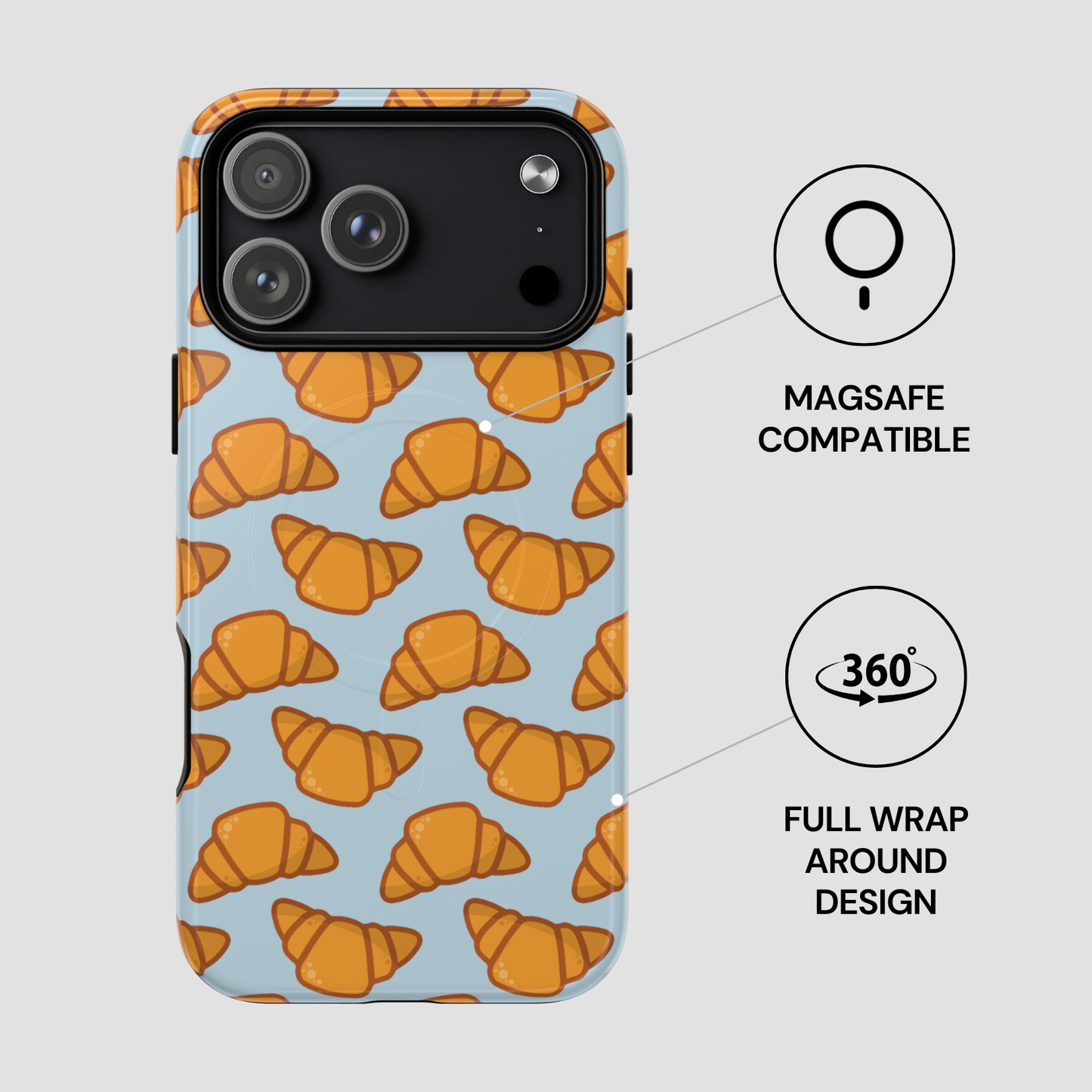 Phone case with croissant pattern and Magsafe compatibility on a light gray background | Casenari